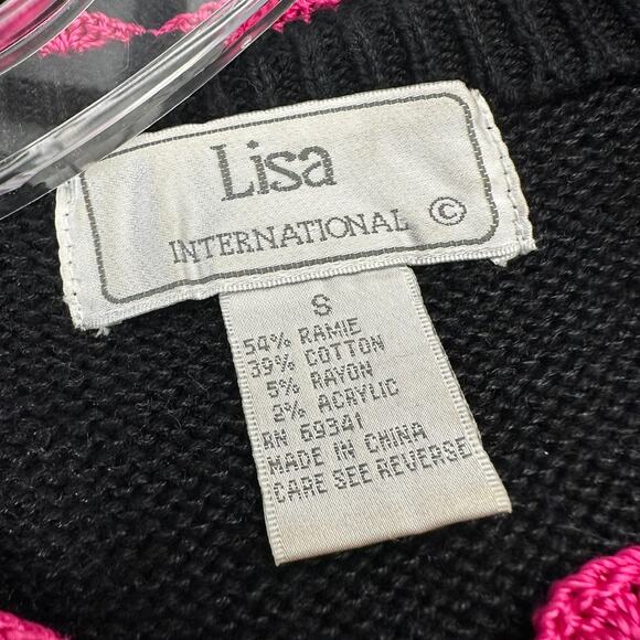 Lisa Internation Women Flamingo Sequin Cardigan Sweater Size S Button Black Pink - Picture 5 of 9